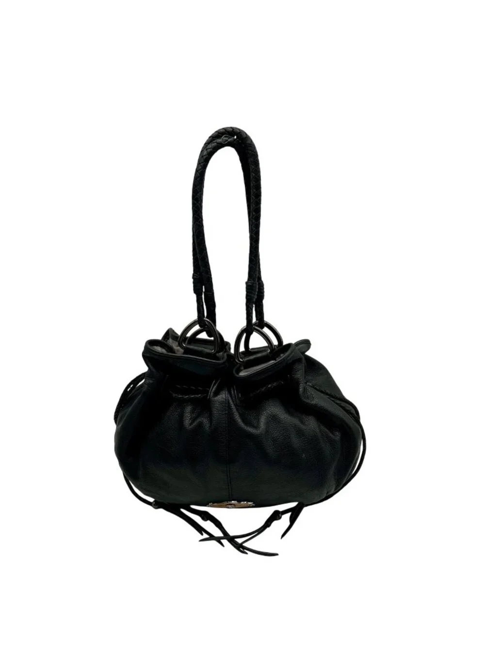 Elliott Lucca Black Pebbled Leather Drawstring Hobo Shoulder Bag